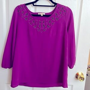 Bright Purple Blouse with Geometric Neckline Cutouts